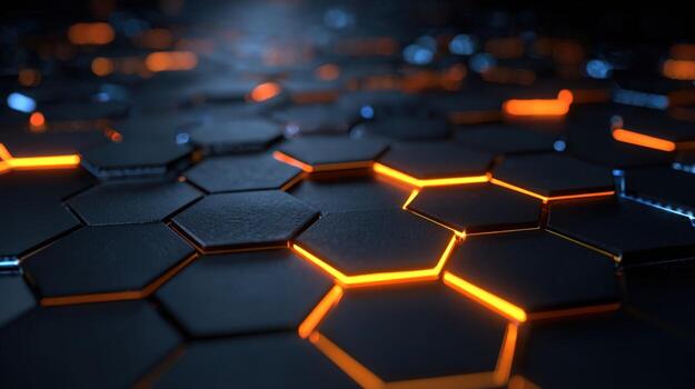 Abstract Hexagonal Grid with Orange and Blue Light Modern Technology Background with Depth of Field photo