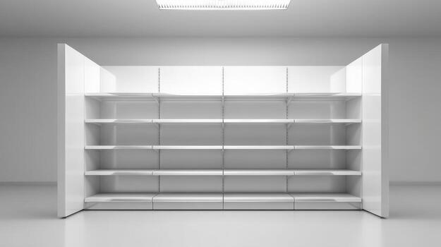 Clean White Shelving Unit in Empty Store, Modern Design for Retail or Display, Mockup photo