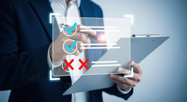 Businessman reviewing checklist with digital interface, illustrating project management, task completion, and approval process photo