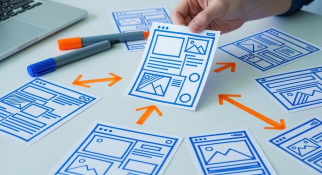 Website Design Process Hand Holding Paper Wireframe Cards with Arrows on a White Table photo