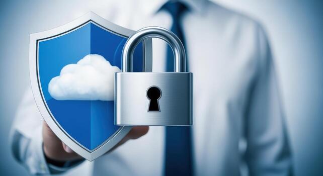 Cloud Security Concept Man Holding Shield with Cloud and Padlock for Data Protection photo