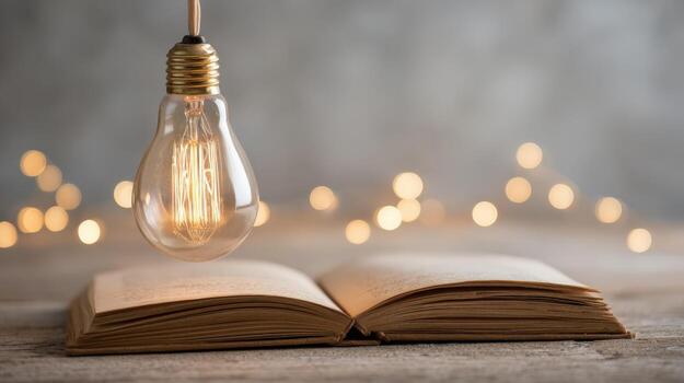Illuminating Knowledge Vintage Bulb Suspended Over Open Book, Sparking Ideas and Inspiration in Warm Light photo