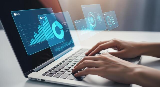 Data Analysis on Laptop Business Intelligence, Financial Dashboard, and Reporting Interface Displayed in Augmented Reality photo