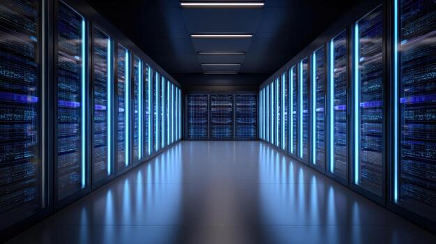 Data Center Room with Rows of Server Racks, Blue Lighting, and Network Infrastructure photo