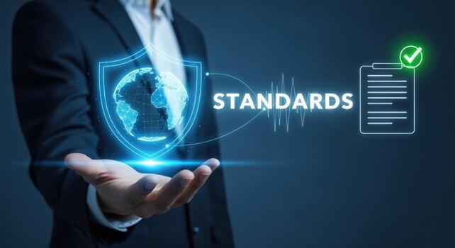 Global Standards Compliance Man Presenting Digital Display of Standards, Certification, and Approval on Dark Background photo