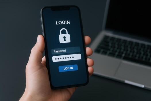 seguro móvil iniciar sesión interfaz desplegado en teléfono inteligente en mano, autenticación tecnología y contraseña proteccion foto