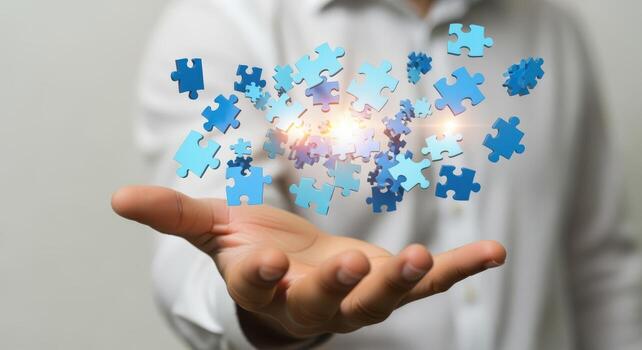 Hand Presenting Floating Puzzle Pieces Concept of Problem Solving, Strategy, and Innovation in Business photo