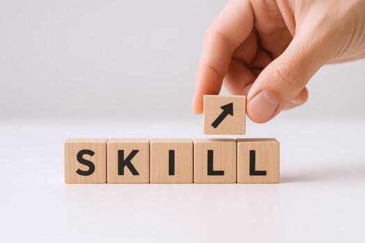 Skill Improvement Concept with Wooden Blocks Forming Word Skill and Upward Arrow, Personal Development photo