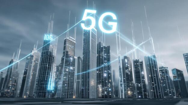 Futuristic Cityscape with High-Speed Wireless Technology, 5G Network Connectivity, and Digital Infrastructure for Smart City Applications photo