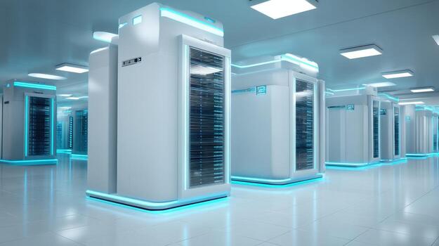 Data Center Server Room with Modern Equipment and Blue Lighting for Cloud Computing photo