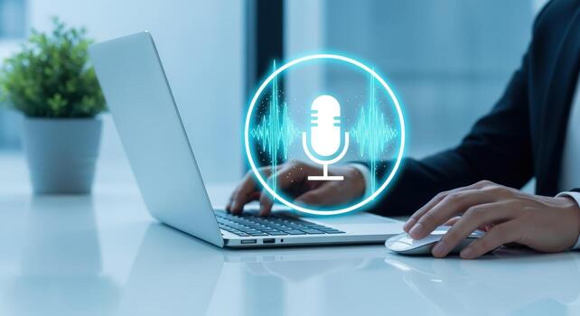 Businessman Using Laptop with Voice Recognition Software, Digital Assistant, Soundwave, and AI Technology photo