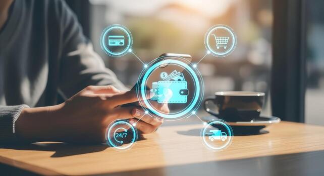 Digital Wallet and Online Shopping Concept Person Using Smartphone with App Icons for Easy E-commerce Transactions photo