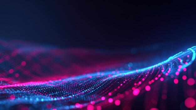 Abstract Digital Particle Wave Modern Technology Background with Neon Pink and Blue Gradient photo