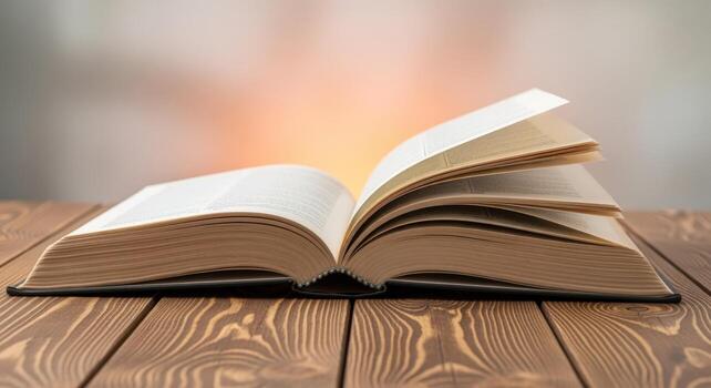 Open Book on Wooden Table Education, Knowledge, and Reading Concept with Copy Space photo