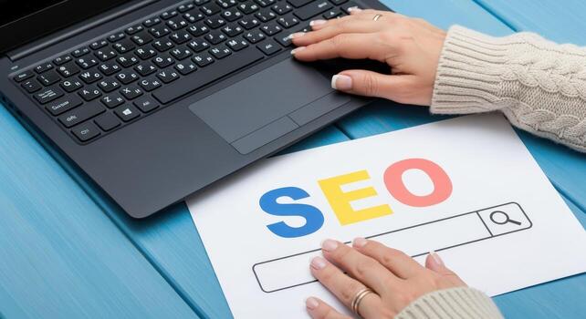 SEO Strategy and Optimization on a Laptop Hands on Keyboard, Blue Background, Digital Marketing photo