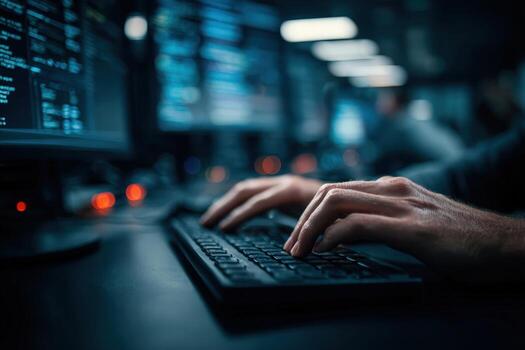 Close-up of Hands Coding on Keyboard, Analyzing Data on Multiple Computer Screens in Dark Room photo