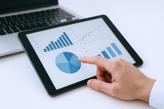 Analyzing Business Data on Tablet Device with Charts and Graphs for Strategic Planning and Investment photo