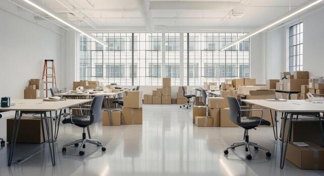 Bright, Spacious Office Interior with Cardboard Boxes Transitioning, Moving, and Preparation Concept photo
