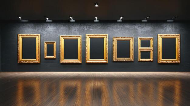 Gallery Wall with Ornate Gold Frames and Dark Background, Museum Display for Art and Photography photo