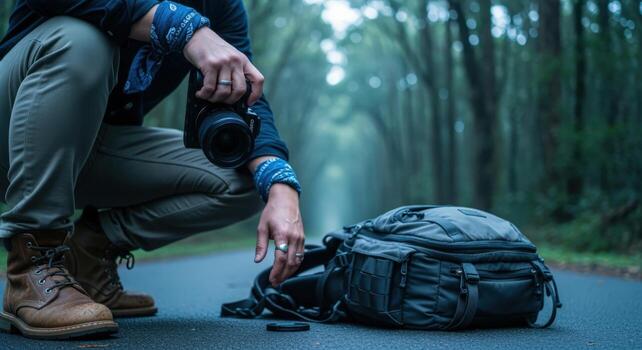 Nature Photographer Crouching with Camera and Backpack on a Forest Road Ready for Adventure photo
