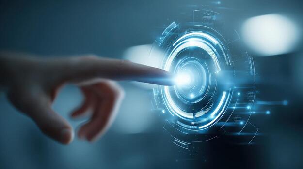 dedo conmovedor futurista interfaz digital tecnología, innovación, y moderno soluciones para un conectado mundo foto