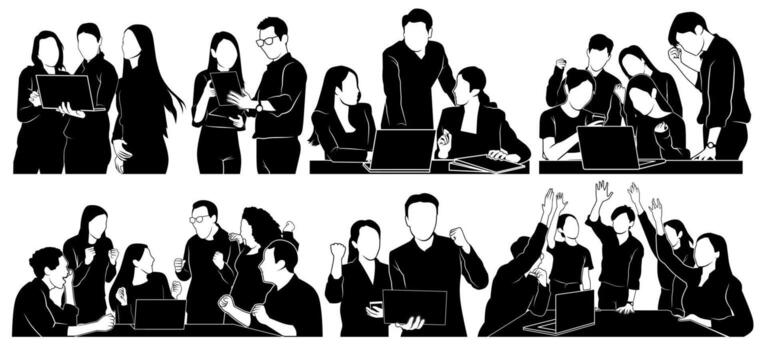 Silhouettes of business teams collaborating, discussing, and brainstorming around laptops, representing teamwork, office culture, and group communication. vector