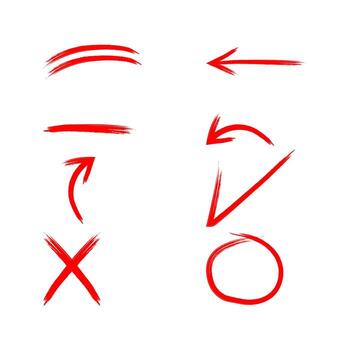 Hand drawn Red marker circle, arrow, underline, x isolated on a transparent background, brushstroke oval shape for design elements, highlighting, underlining, vector