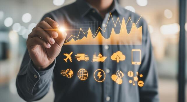 Data Visualization of Supply Chain Management, Global Logistics, and Information Technology by a Businessman photo