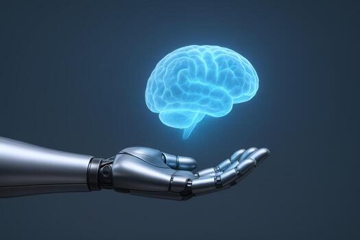 Robotic Hand Holding Digital Brain Artificial Intelligence and Future Technology Concept Presentation photo