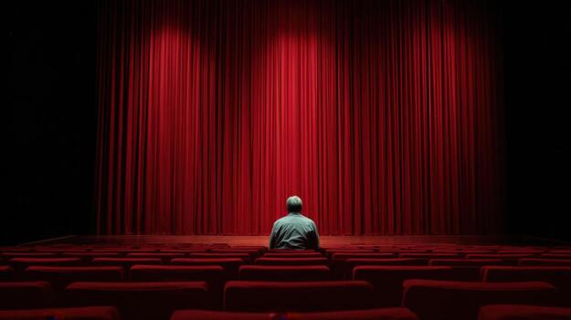 Man sits alone in an empty theater, facing the stage with red velvet curtains photo
