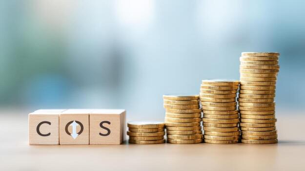 Rising Costs Stacked Coins Symbolizing Inflation and Cost Increase on Wooden Blocks with COS Text photo