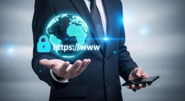 Digital security concept Businessman presents a globe with a padlock and secure https connection photo