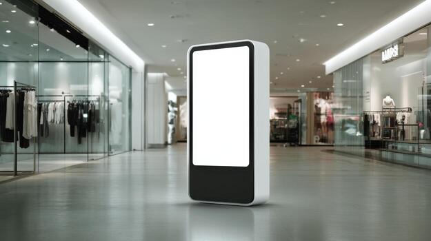 Blank Digital Signage Mockup Display in Modern Shopping Mall Environment for Advertising photo