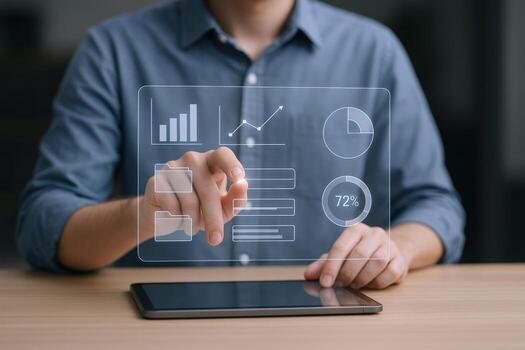 Data Analysis on Transparent Screen Man Interacting with Business Analytics Using Tablet for Strategy and Insights photo
