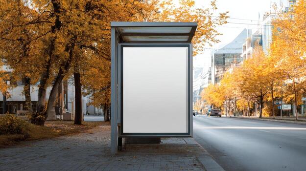 Bus Stop Advertisement Billboard Mockup with Autumn Trees in the Background, Ideal for Marketing Campaigns photo