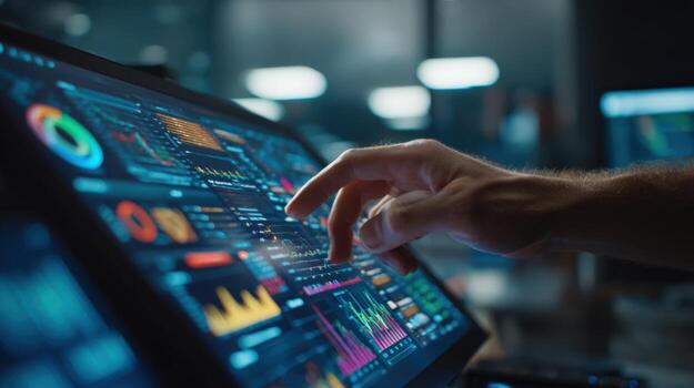 Interactive Data Visualization Hand Interacting with a Touchscreen Displaying Complex Charts and Information photo