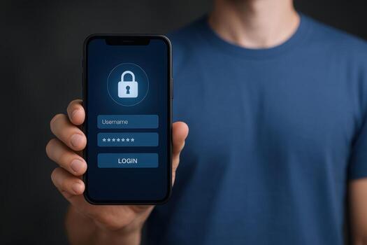 Mobile Phone Security Concept Man Holding Smartphone with Login Screen Displayed, Data Protection photo