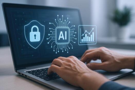 AI-Powered Cybersecurity on Laptop Man Typing with Data Protection, Artificial Intelligence and Statistics Concepts Displayed photo