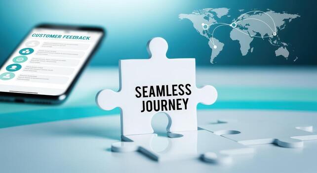 Seamless Customer Journey Depicted by Puzzle Piece, Mobile Feedback, and a World Map Graphic photo