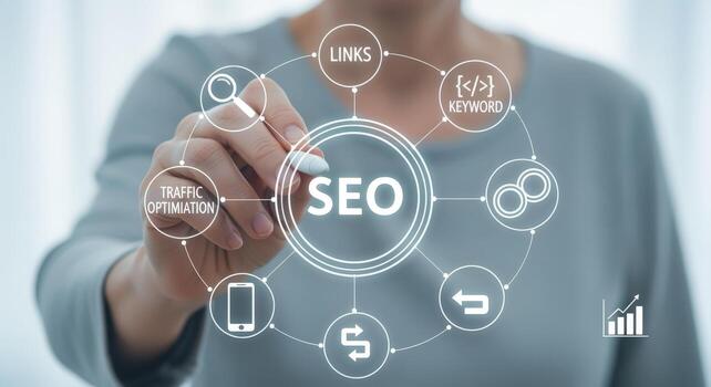 SEO Strategy Conceptual Image Woman Interacting with SEO Interface for Online Optimization and Marketing photo