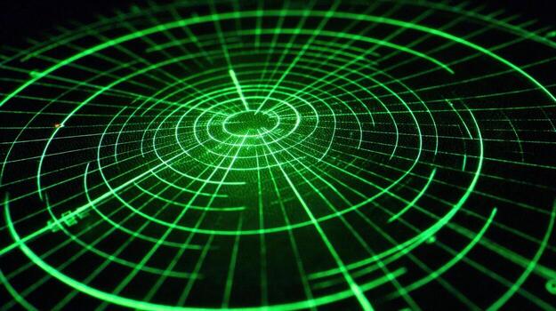 Green Radar Screen Displaying Grid Lines and Circular Waves for Navigation or Surveillance Purposes photo
