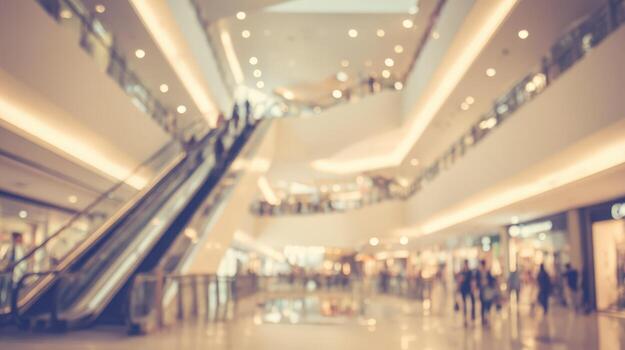 Blurred Interior of Modern Shopping Mall with Escalators and People for Background or Design Element photo