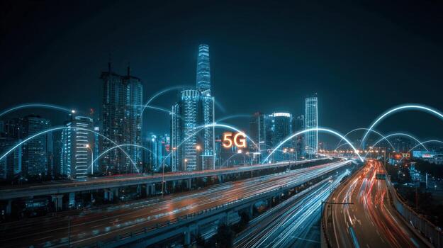Futuristic 5G Network Connecting a Modern City at Night with High-Speed Data Transmission photo