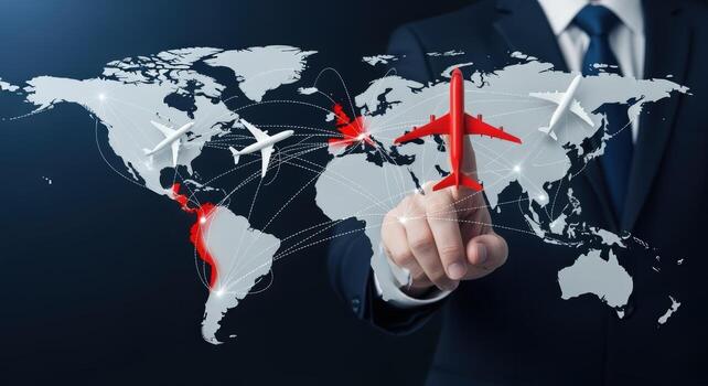 Global Aviation Network Man in Suit Points to Red Airplane on World Map, Air Travel Concept photo