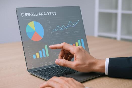 Business Analysis Presentation on Laptop Screen with Graphs and Charts Showing Financial Data and Statistics photo