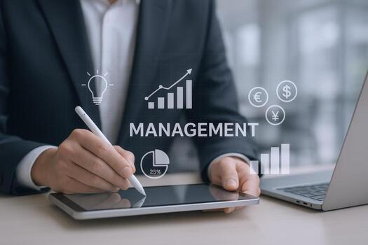 Executive Utilizing Tablet for Business Management and Strategy with Digital Interface Overlaying, Achieving Growth and Financial Success photo