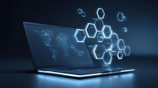 Laptop Displaying Holographic Hexagonal Structure and World Map, Representing Technology, Connectivity, Innovation, and Global Networks photo