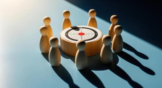 Team Alignment Around a Central Target Wooden Figures Surrounding Bullseye on Blue Background photo