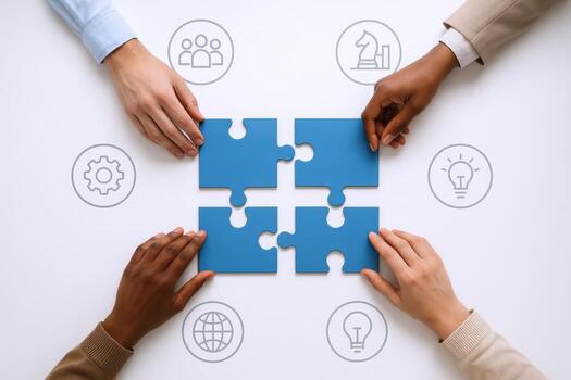 diverso equipo montaje rompecabezas rompecabezas simbolizando colaboración, innovación, resolución de problemas, y estratégico camaradería en un corporativo ajuste foto