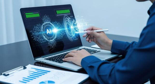 AI Development Man Using Laptop with Artificial Intelligence Interface for Software Engineering and Data Analysis photo